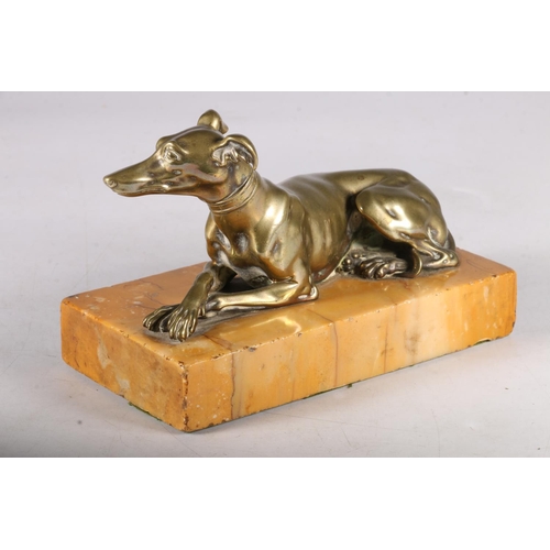 365 - Bronze seated greyhound on marble plinth base in the manner of Thomas Weeks of London, 16cm long.