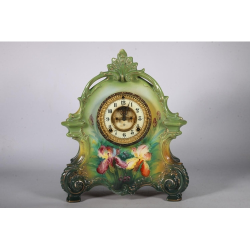 381 - Royal Bonn ceramic mantel clock with Ansonia movement, twin train dial with arabic numerals, the cer... 