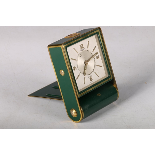 382 - Jaeger LeCoultre 8 day travel clock with brushed silvered dial with baton indices and numbered to 3,... 