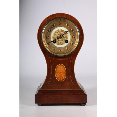 383 - Edwardian inlaid mahogany mantel clock of balloon shape with ormolu decoration to the dial above she... 