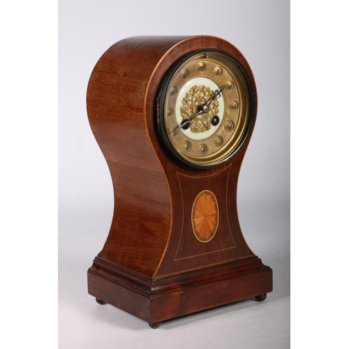 383 - Edwardian inlaid mahogany mantel clock of balloon shape with ormolu decoration to the dial above she... 