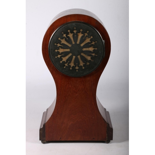 383 - Edwardian inlaid mahogany mantel clock of balloon shape with ormolu decoration to the dial above she... 