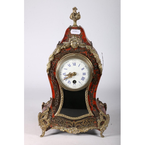 387 - Late 19th Century French Boulle mantel clock with circular enamel dial and Roman numerals, the carto... 