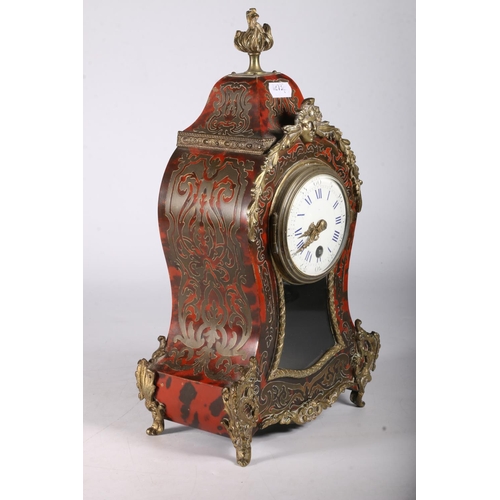 387 - Late 19th Century French Boulle mantel clock with circular enamel dial and Roman numerals, the carto... 