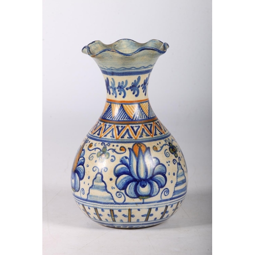 433 - Italian majolica Cantigalli vase with flared neck, floral and incised decoration, blue cockerel back... 