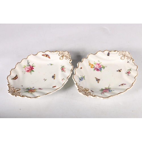 434 - Pair of Chelsea dishes of ribbed oval design with castellated rim, the handles and rim gilded with f... 