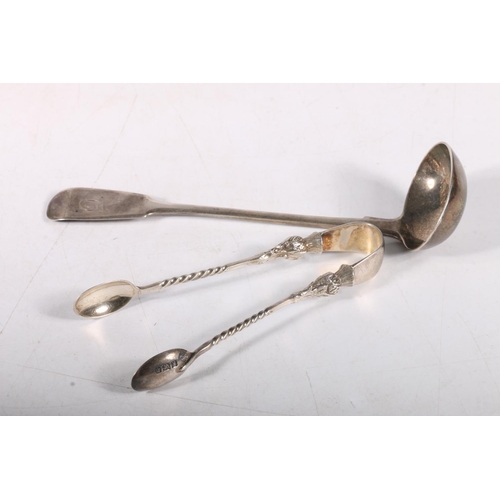 77 - 19th c. Scottish silver fiddle back toddy ladle, hallmarked George Booth, Aberdeen, 16cm, and a pair... 