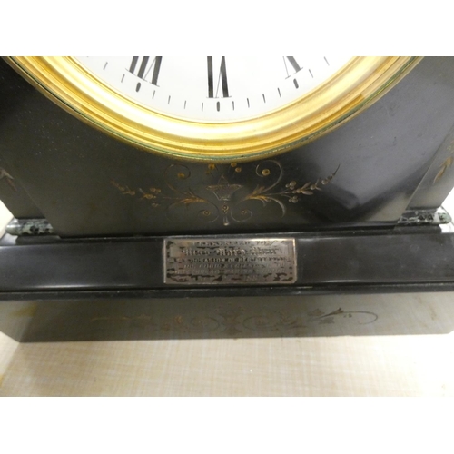 1 - Victorian black slate mantel clock presented on the occasion of their marriage. 1881.