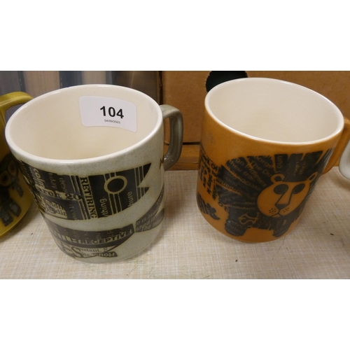 104 - Nine Jack Dadd Hornsea advertising mugs from circa 74, 75, 76 etc