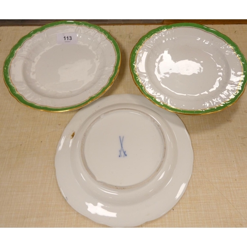 113 - Three 19th century green and gilt plates, bearing blue cross swords mark.