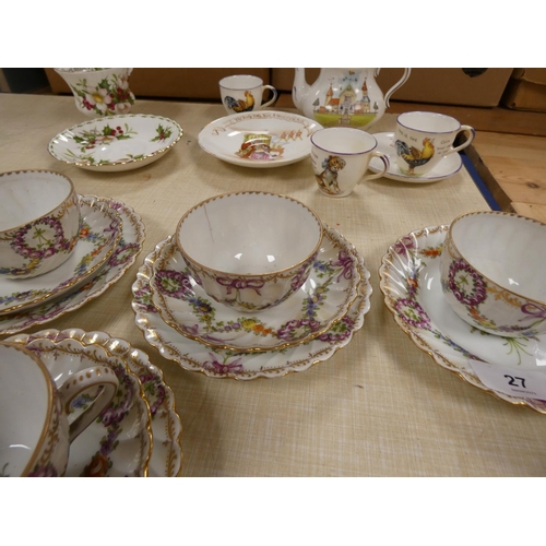 27 - Four Dresden floral antique cabinet cups, four side plates and three saucers.