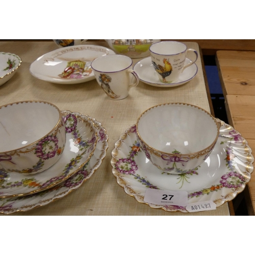 27 - Four Dresden floral antique cabinet cups, four side plates and three saucers.