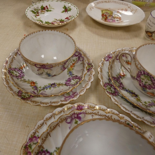 27 - Four Dresden floral antique cabinet cups, four side plates and three saucers.