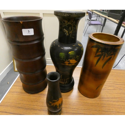 3 - Bamboo decorated spill vase and three other Oriental vases.