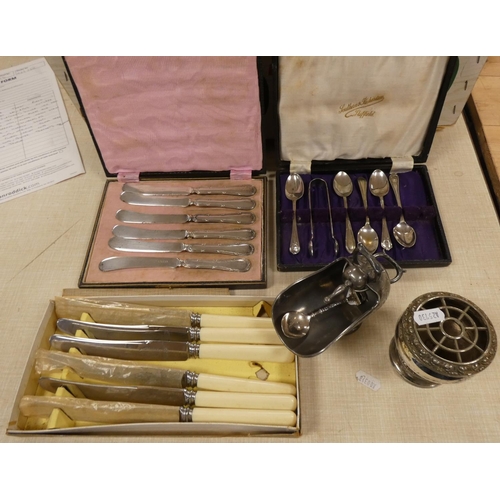 32 - Three various cased sets of cutlery, a small rose bowl and a sugar scoop.