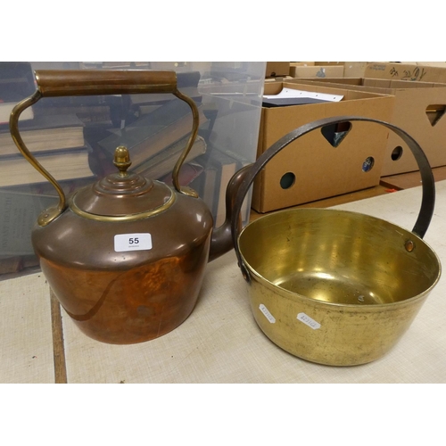 55 - Brass jam pan and large copper kettle.