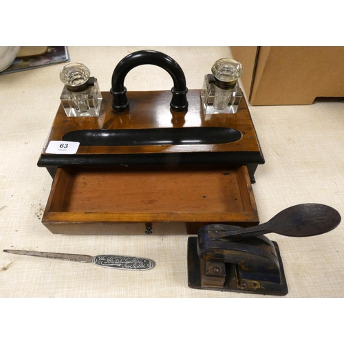 63 - Victorian desk stand, a letter punch and a paper knife.