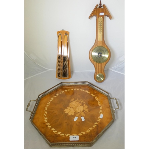 68 - Galleried tray, a barometer and a brush tidy.