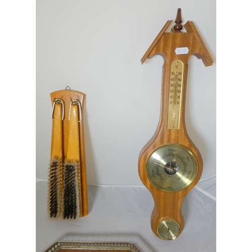 68 - Galleried tray, a barometer and a brush tidy.