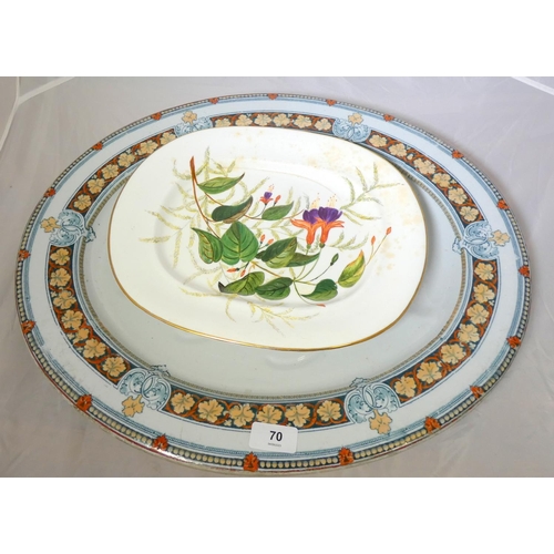 70 - Large Davenport ashet 52cm,  a Spode segmented fish dish and a floral decorated plate. (3) etc.