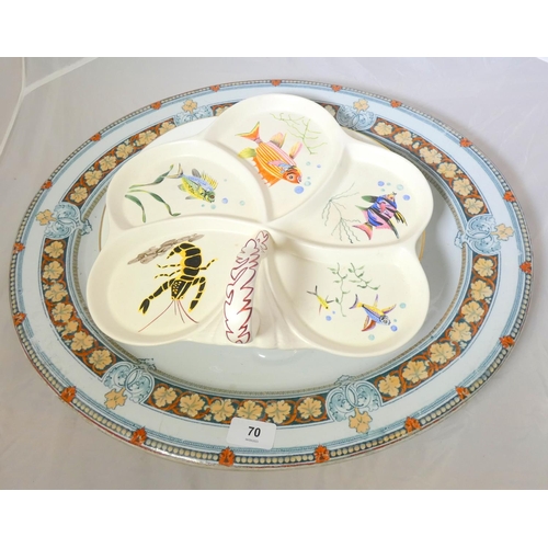 70 - Large Davenport ashet 52cm,  a Spode segmented fish dish and a floral decorated plate. (3) etc.