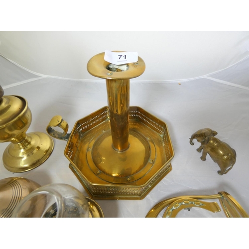 71 - Various brass ware to include oil lamps, candlestick etc.