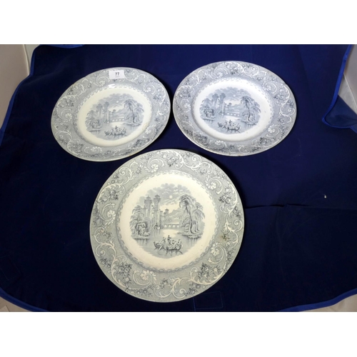 77 - Three Victorian Rhine pattern blue and white dinner plates.