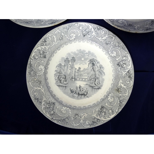 77 - Three Victorian Rhine pattern blue and white dinner plates.