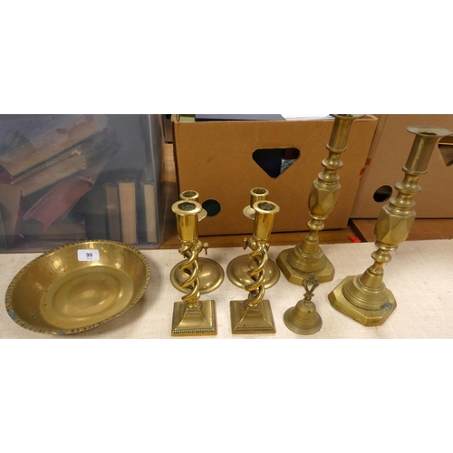 99 - Three pairs of brass candlesticks, a bowl and a bell.