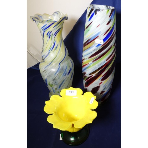 121 - Two large vintage Murano glass style vases and glass lotus flower.