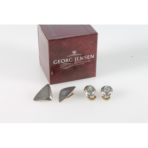 257 - Pair of Georg Jensen silver fin style clip on earrings, and another pair with foliate design and iri... 