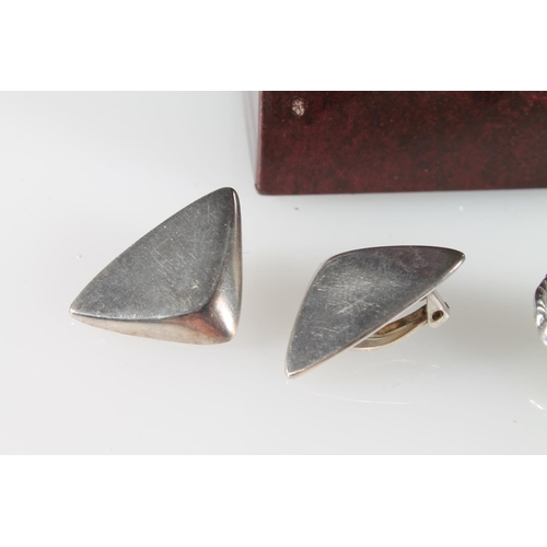 257 - Pair of Georg Jensen silver fin style clip on earrings, and another pair with foliate design and iri... 