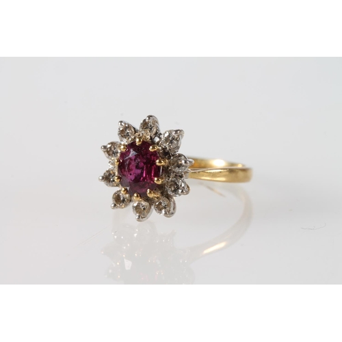 112 - 18ct gold cluster ring with 10 diamonds encircling purple/red oval cut stone, size N, 3.8g,