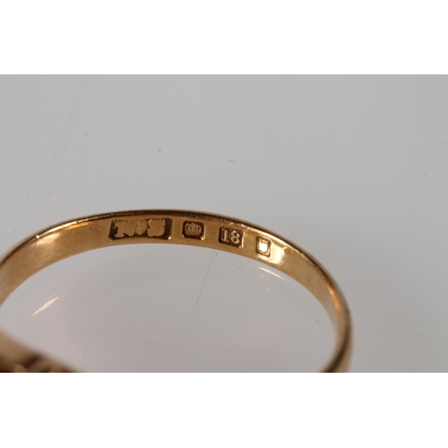 115 - 18ct gold ring with single diamond in channelled tapering setting, size Q, 3.7g.