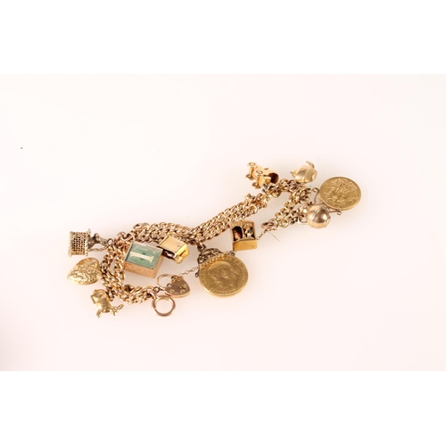 118 - 9ct gold charm bracelet with quantity of charms, including a sovereign and half sovereign, 57g gross... 