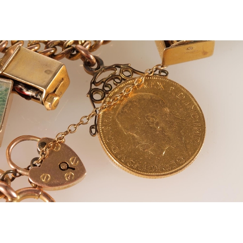 118 - 9ct gold charm bracelet with quantity of charms, including a sovereign and half sovereign, 57g gross... 