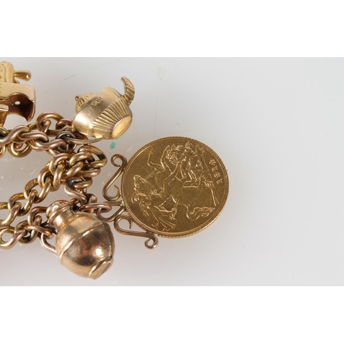 118 - 9ct gold charm bracelet with quantity of charms, including a sovereign and half sovereign, 57g gross... 