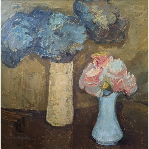 280 - MOIRA BEATY (Scottish 1922-2015) *ARR* Still life two vases of flowers Oil on board, signed lower ri... 