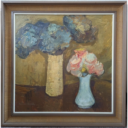 280 - MOIRA BEATY (Scottish 1922-2015) *ARR* Still life two vases of flowers Oil on board, signed lower ri... 