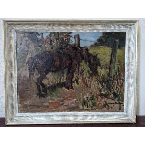 284 - JOHN MURRAY THOMSON RSA RSW PPSSA (Scottish, 1885-1974) *ARR* Horse at fence Oil on canvas, signed l... 