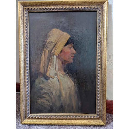 296 - EARLY 20TH CENTURY SCHOOL Bust length portrait of a lady in yellow headscarfOil on canvas, unsigned,... 