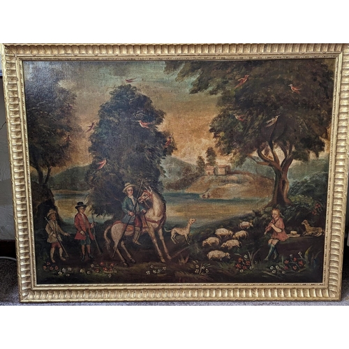 298 - 19TH CENTURY SCHOOL Hunting party in a landscape Oil on canvas, unsigned, 68cm x 90cm, gilt frame 78... 