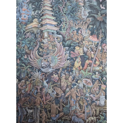 327 - I WAYAN PENDET (Indonesian b1936) Balinese scene with figures and pagodas Gouache on silk, signed lo... 