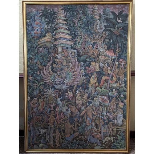 327 - I WAYAN PENDET (Indonesian b1936) Balinese scene with figures and pagodas Gouache on silk, signed lo... 