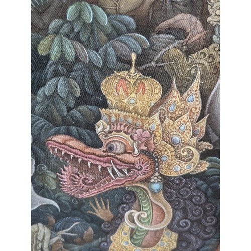 327 - I WAYAN PENDET (Indonesian b1936) Balinese scene with figures and pagodas Gouache on silk, signed lo... 