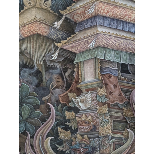 327 - I WAYAN PENDET (Indonesian b1936) Balinese scene with figures and pagodas Gouache on silk, signed lo... 