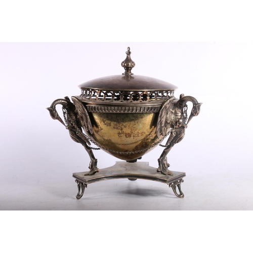 374 - EPNS Potpourri with pierced lid resting on bowl supported by three birds on tripod base, 18cm.