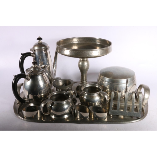 375 - Large quantity of Liberty and Co. Tudric pewter to include tazza, 19cm, coffee tea service, toast ra... 