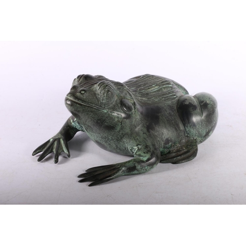 376 - Cast metal sculpture of frog with verdigris finish, 9 x 20 x 15cm. 