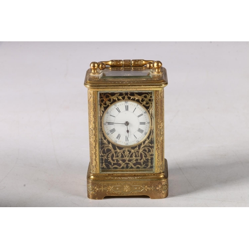 388 - C. 1900 miniature four glass carriage clock with classical decoration and enamel dial with Roman and... 